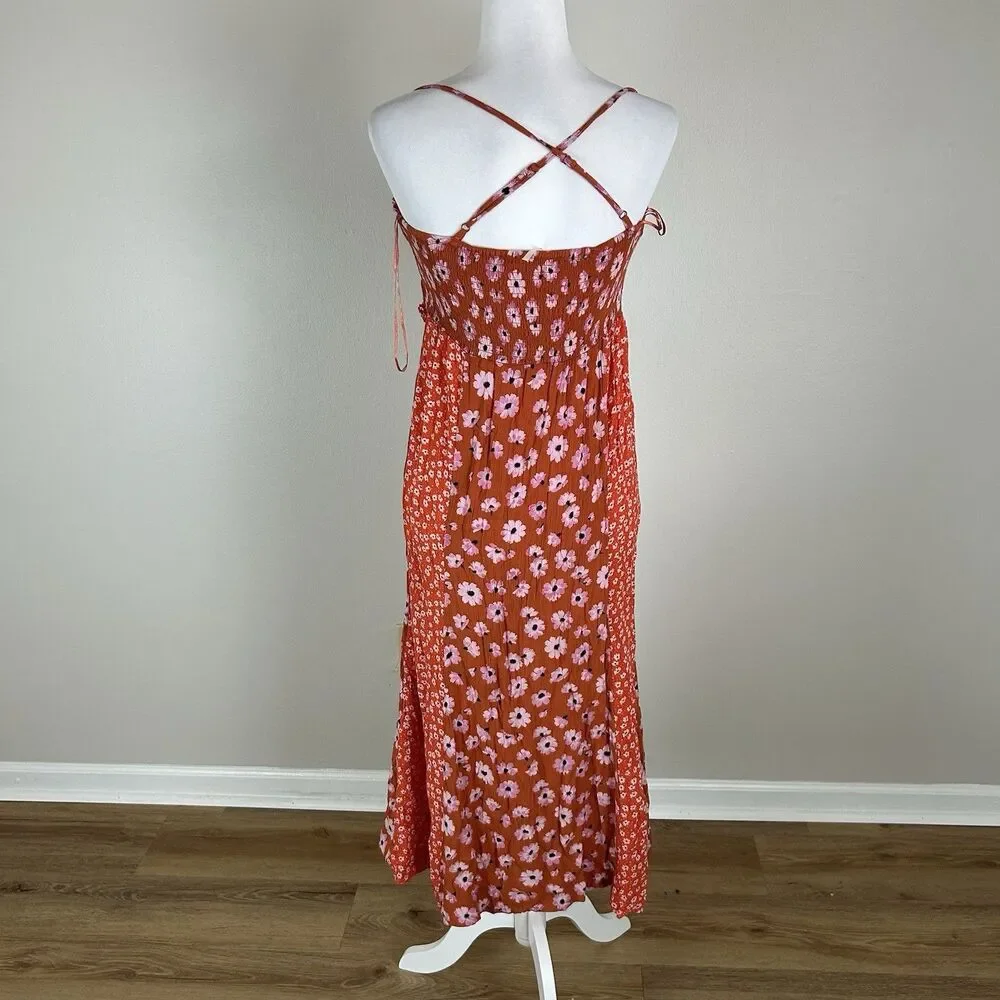 Free People XS Tigerlilly Dress Midi Red Earth Combo Floral Slit Sweetheart Neck
